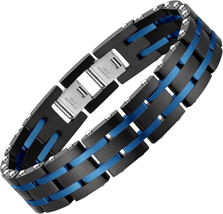 Holizaly Men's Stainless Steel Two Tone Square Link Bracelet, Black and Blue Ion Plated Black