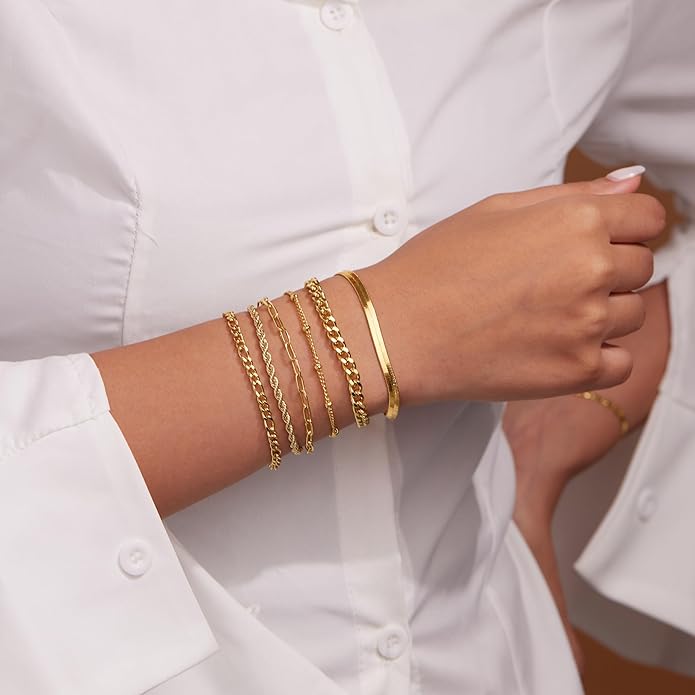 Gold Bracelets for Women Trendy,14K Gold Plated Dainty Stackable Paperclip Cuban Link Chain Bracelets, Simple Cute Cuff Bracelets Jewelry Set Adjustable 7"+2"