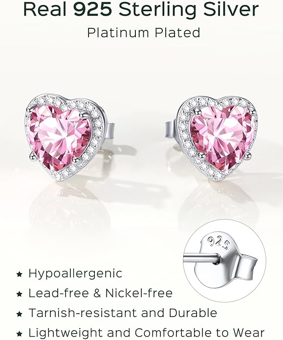 ChicSilver 925 Sterling Silver Birthstone Earrings for Women, 8MM/2 Carat Heart & Round Cubic Zirconia Stud Earrings, Hypoallergenic Jewelry, Ideal Birthday or Christmas Gifts