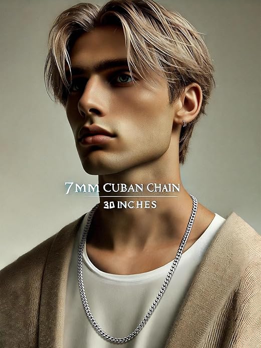 catonmoon 7mm Miami Cuban Link Chain Necklace for Men And Women, 316l Stainless Steel And 925 Sterling Silver Filled, Available In 18/20/22/24/26/28/30 Inches Silver Chain for Men Necklace