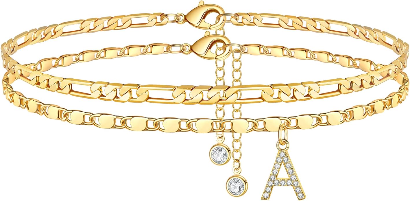 Ursteel Ankle Bracelets for Women, 14K-Gold-Plated Dainty Layered Chain CZ Initial Anklets Set Summer Jewelry Gifts for Women