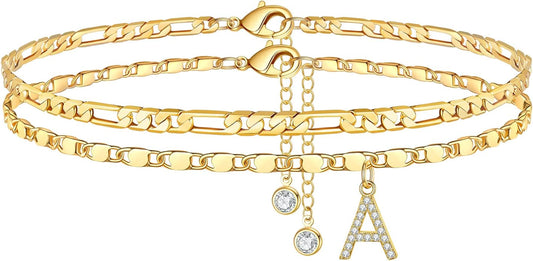 Ursteel Ankle Bracelets for Women, 14K-Gold-Plated Dainty Layered Chain CZ Initial Anklets Set Summer Jewelry Gifts for Women