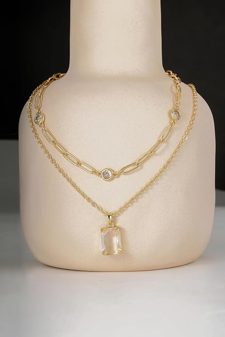 Gold Layered Pendant Necklaces for Women 14k Gold Plated Crystal Choker Necklace Paperclip Rhinestone Necklace Party Prom Jewelry