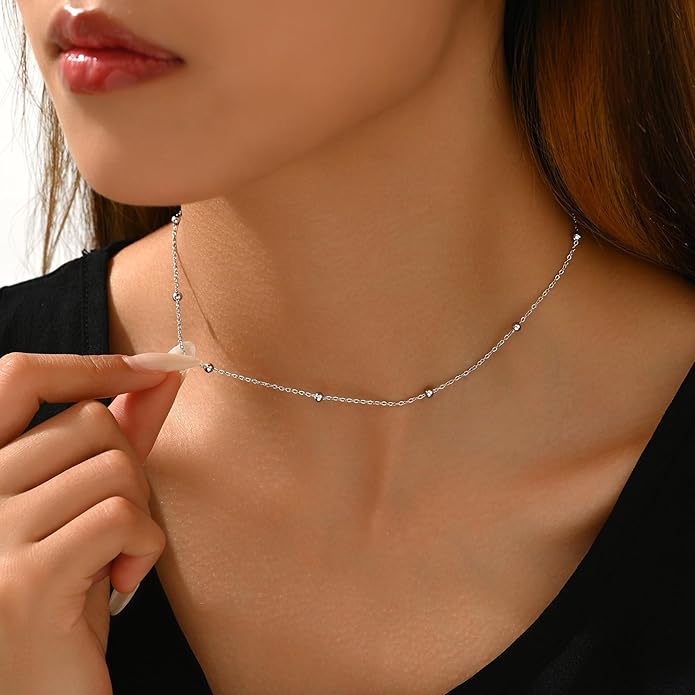 Dainty Chain Necklace for Women, 18K Gold Plated Coin Disc Choker Necklaces Simple Satellite Beaded Twisted Thin Paper Clip Chain Everyday Jewelry Gifts