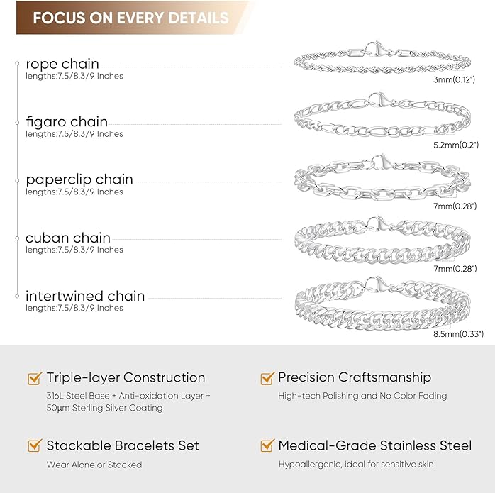 VNOX 5/7 Pcs Chain Bracelet for Men Women - Sturdy Stainless Steel Curb Width Cuban Link Chain Bracelet Set for Men Women,6.5/7/7.4/8.2/9 Inches