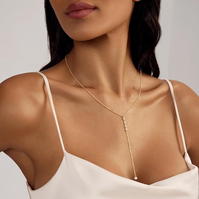 Gold Necklace for Women Trendy Lariat Y Necklace Dainty 14k Gold Plated/Silver Long Necklaces for Women Layered Beaded Drop Necklaces Simple Y-Shaped Chain Jewelry Gifts