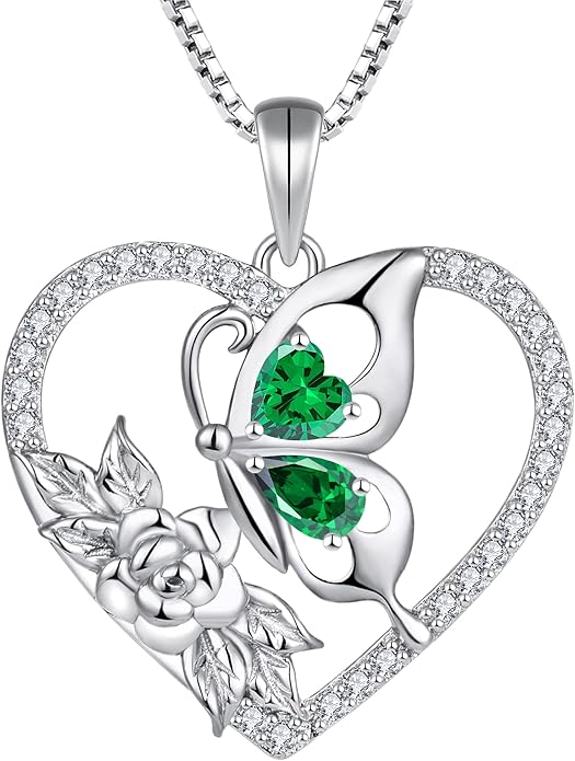 YL Women's Butterfly Necklace 925 Sterling Silver Flower Rose Pendant Birthstone Halo Jewelry