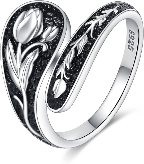 925 Sterling Silver Tulip/Dragonfly Ring for Women Flower Ring Vintage Jewerly Gift for Women