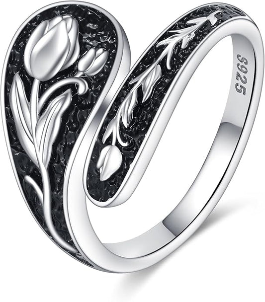 925 Sterling Silver Tulip/Dragonfly Ring for Women Flower Ring Vintage Jewerly Gift for Women