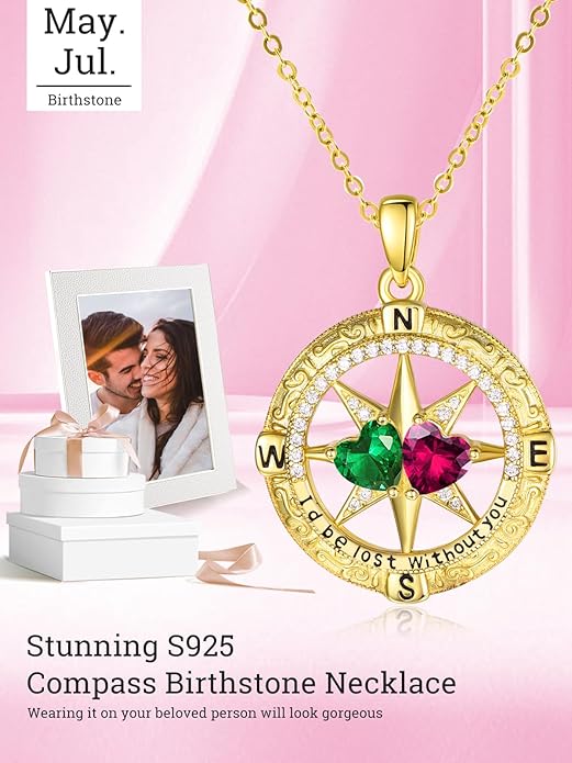 Zeuslia Double Birthstone Necklace Gifts for Wife - 925 Sterling Silver Sunflower/Rose/Crown Cross/Compass/Heart Pendant I Love You Necklace, Anniversary Birthday Gifts for Wife Girlfriend Mom Her