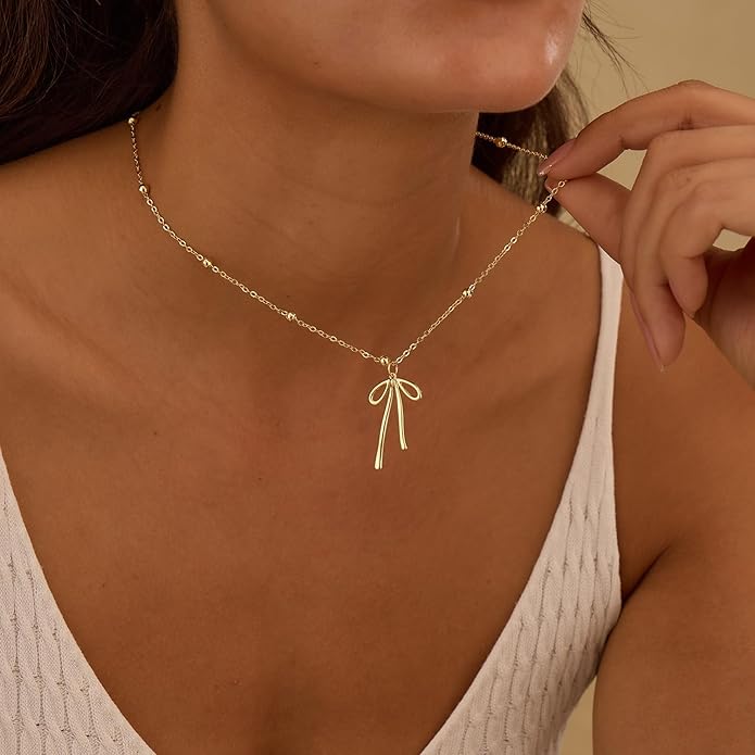 Gold Necklace for Women Dainty Bow Necklace 14K Gold Plated Cute Choker Necklace Small Bow Pendant Charm Necklaces Teen Gift Trendy Stuff Personalized Jewelry Gifts