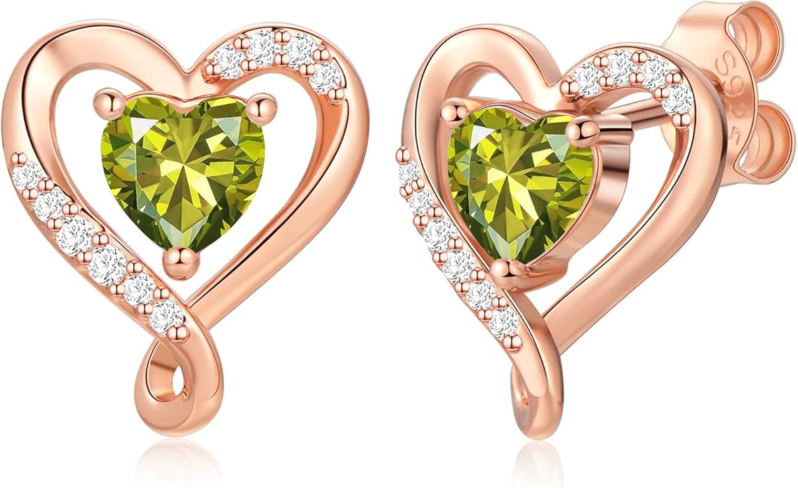 Earrings for Women, S925 Sterling Silver Rose Gold Birthstone Heart Studs Earring for Girlfriend Wife, Anniversary Birthday Christmas Valentines Mothers Day Gifts Jewelry for Women Wife Her Mom