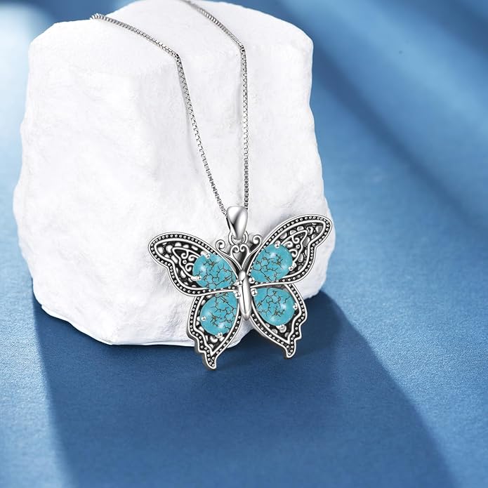 Turquoise Butterfly Necklace for Women, Sterling Silver Vintage Filigree Dainty Pendant Boho Jewelry, Ideal Birthday Valentine's Gift