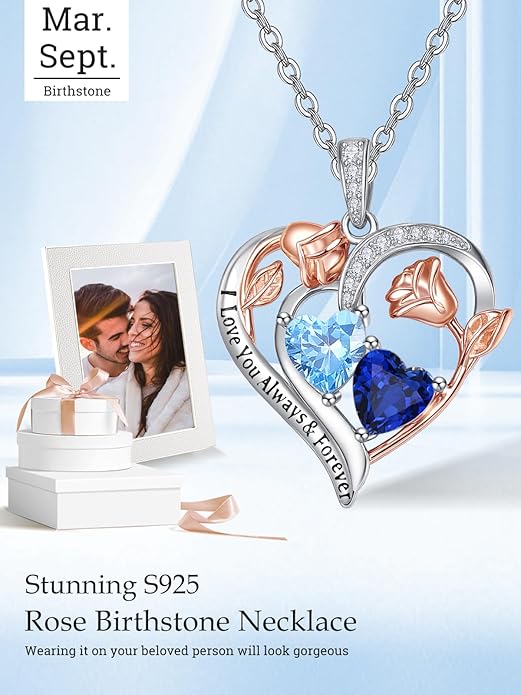 Zeuslia Double Birthstone Necklace Gifts for Wife - 925 Sterling Silver Sunflower/Rose/Crown Cross/Compass/Heart Pendant I Love You Necklace, Anniversary Birthday Gifts for Wife Girlfriend Mom Her