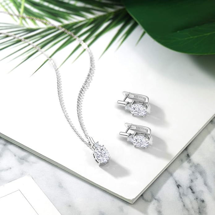 Gemstone Birthstone and White Created Sapphire Pendant and Earrings Jewelry Set for Women in 925 Sterling Silver | Oval 8X6MM and Round 2.5MM | With 18 Inch Chain | Fine Jewelry for Her Mom Women Wife