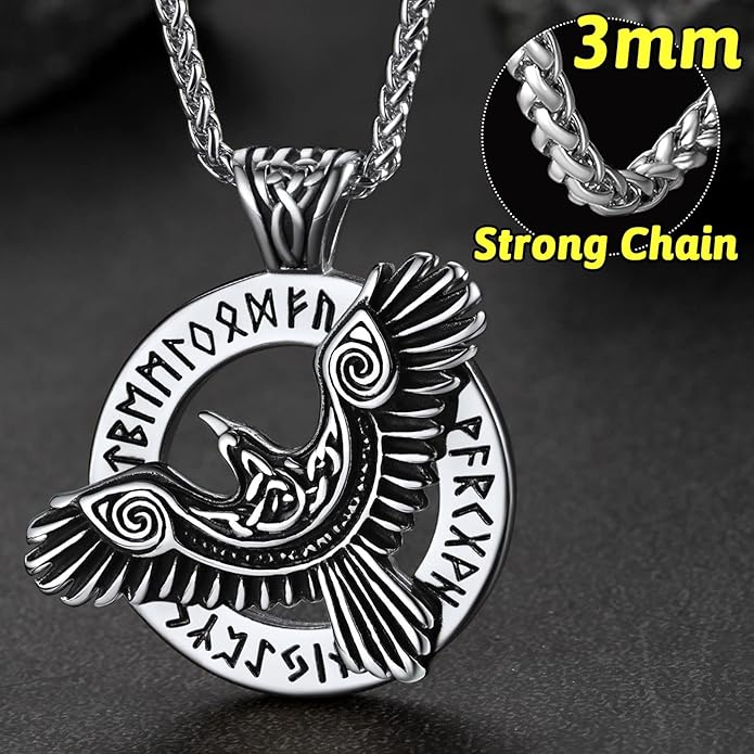 FaithHeart Viking Raven Necklace for Men, Norse Mythology Raven Skull Pendant Sturdy Stainless Steel Amulet Jewelry Gift for Men