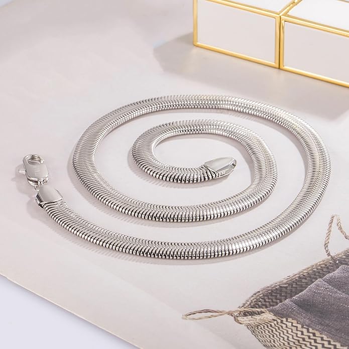 Dankadi Men 925 Sterling Silver Necklace Italian 6MM-8MM Flexible Flat Snake Chain Choker 16-30 Inch 24K Gold plated Fine Jewelry Gifts for Women
