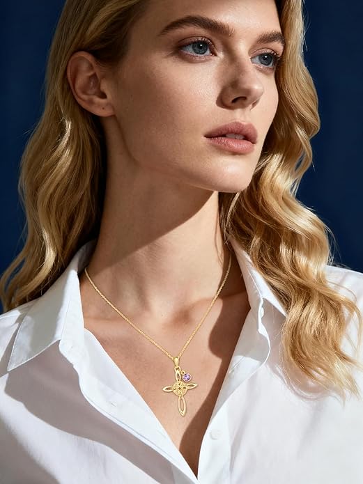 Witches Knot Necklace for Women, 14K Gold Celtic Knot Cross Jewelry with Triquetra Trinity with Birthstone Pendant, Birthday Witchy Spiritual Gifts for Her Wife Mom Grandma, 18+2 Inch Chain