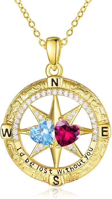 Zeuslia Double Birthstone Necklace Gifts for Wife - 925 Sterling Silver Sunflower/Rose/Crown Cross/Compass/Heart Pendant I Love You Necklace, Anniversary Birthday Gifts for Wife Girlfriend Mom Her