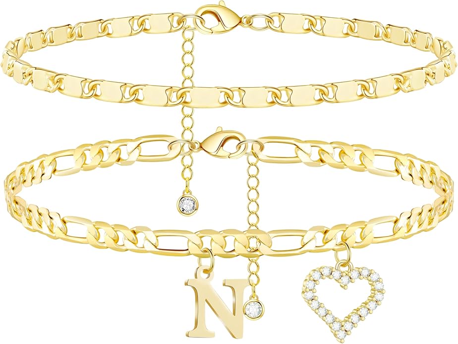 Initial Ankle Bracelets for Women Waterproof 14K Gold Plated Dainty Layered Figaro Chain Letter Initial CZ Heart Ankle Bracelets Set Summer Beach Jewelry for Women