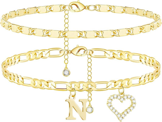 Initial Ankle Bracelets for Women Waterproof 14K Gold Plated Dainty Layered Figaro Chain Letter Initial CZ Heart Ankle Bracelets Set Summer Beach Jewelry for Women