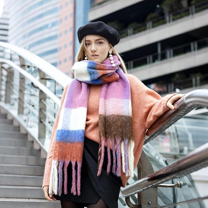 SHOHOKU Large Chunky Plaid Scarf Coloured Checked Oversized Scarf Tassel Soft Fall Winter Thick Warm Shawl Women