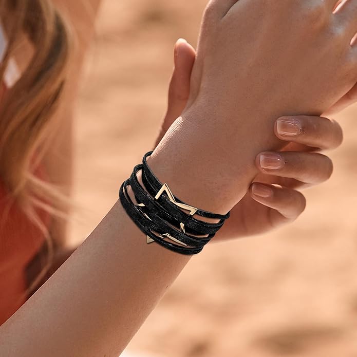 Fesciory Leopard Bracelet for Women, Boho Leather Wrap Multi-Layer Pearl Crystal Bracelet Bangle Jewelry