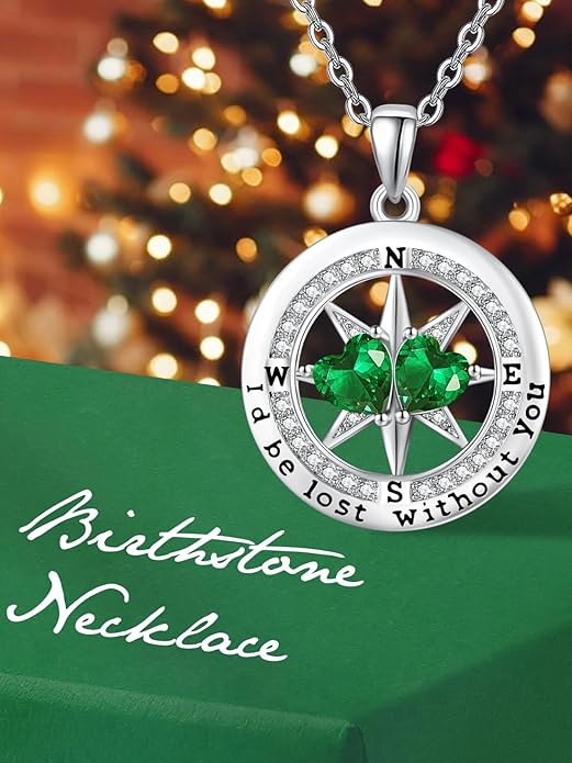 JIYVY32 Compass Birthstones Necklace for Women, Exquisite S925 Necklace Anniversary Birthday Gifts for Wife Her Double Birthstone Pendant jewelry ‘I'd be Lost Without You’