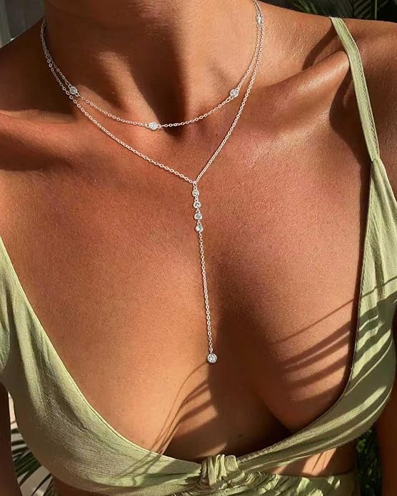 Lariat Necklace for Women, Dainty Long Necklaces, 14k Gold/Silver Plated Y-Shaped Drop Chain Necklace, Simple Layered Necklaces, Trendy Jewelry Gifts for Her