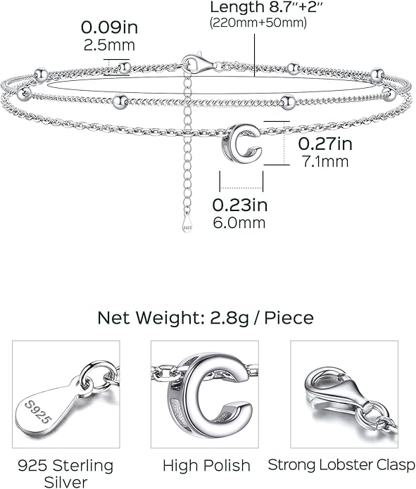 ChicSilver Ankle Bracelets for Women Waterproof, 925 Sterling Silver Initial Anklets for Women, Adjustable Dainty Layered Anklet Beach Jewelry for Women Mom Wife Friend