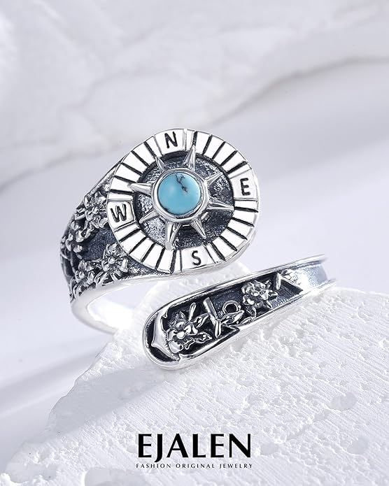 S925-Sterling-Silver Abalone Dragonfly-Turquoise Spoon Ring - Vintage Boho Sunflower Thumb Oxidized Wrap Rings Victorian Style Antique Floral Jewelry Gifts for Women