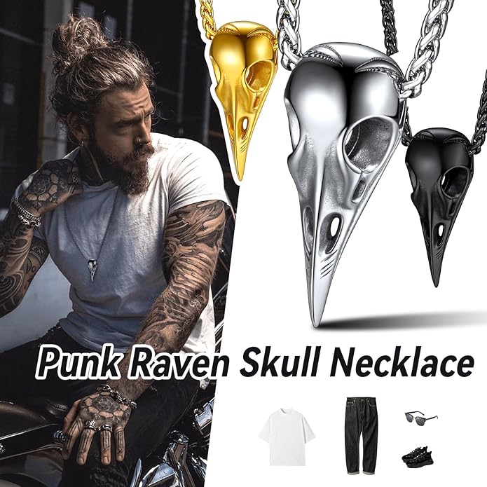 FaithHeart Viking Raven Necklace for Men, Norse Mythology Raven Skull Pendant Sturdy Stainless Steel Amulet Jewelry Gift for Men