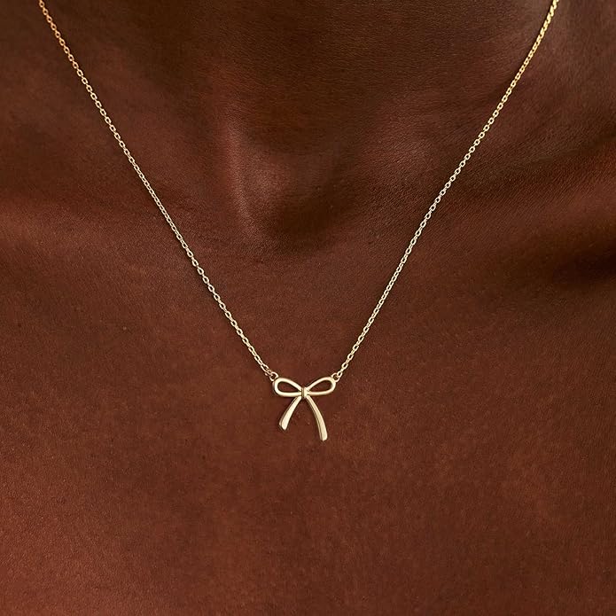 Gold Necklace for Women Dainty Bow Necklace 14K Gold Plated Cute Choker Necklace Small Bow Pendant Charm Necklaces Teen Gift Trendy Stuff Personalized Jewelry Gifts