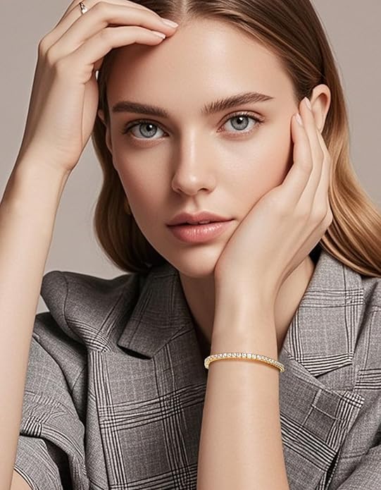 KRKCLIFE Tennis Bracelets for Women Men, 14K Gold Plated Hypoallergenic Classic Round AAAAA Cubic Zirconia, 3/4/5mm Width, Elegant Jewelry Anniversary Birthday Gifts for Her Him Wife Mom 6.5-8 Inch