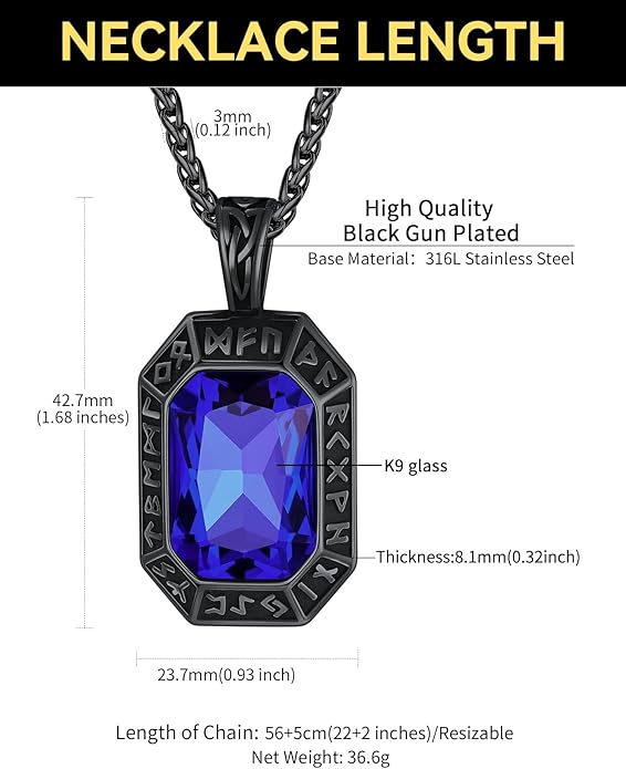 ChainsHouse Viking Rune Pendant Necklace for Men Women, Punk Biker Black Metal/316L Stainless Steel Onyx Norse Vintage Amulet Necklaces with Black/Red/Green/Blue Gemstone, Send Gift Box