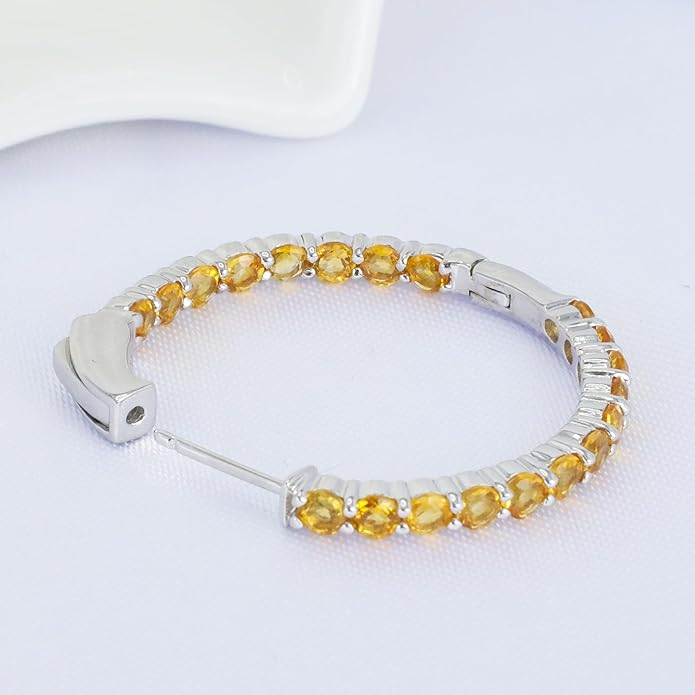 Hoop Earrings with 40 Colored Gemstones, Birthstone Earrings, 925 Sterling Silver Rhodium Plated, Push Back Closure, 1.18'