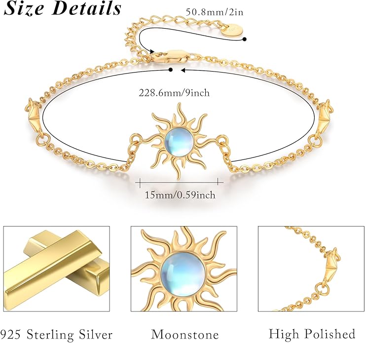 Sun Bracelet/Anklet 925 Sterling Silver Moonstone Star Sunburst Adjustable Ankle Bracelet Star Celestial Jewelry for Women Daughter Friend Sister