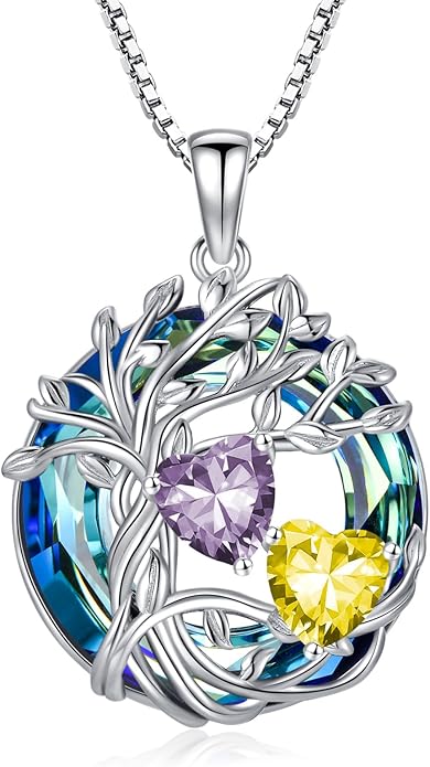 TOUPOP s925 Sterling Silver Family Celtic Tree of Life Pendant Necklaces with 2 Heart Birthstone with Blue Austrian Crystal Jewelry Birthday Anniversary Christmas Gifts for Her Wife Girlfriend Mom (18K Real White Gold Filled)