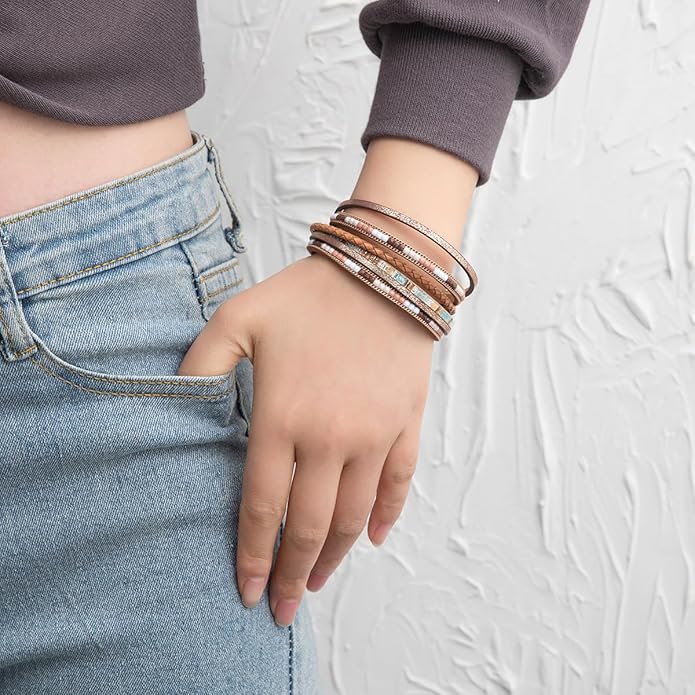 Rantanto Braid Leather Wrap Bracelet Trendy Stackable Crystal Cuff Boho Gold Heart Bracelet Jewelry Gift For Women