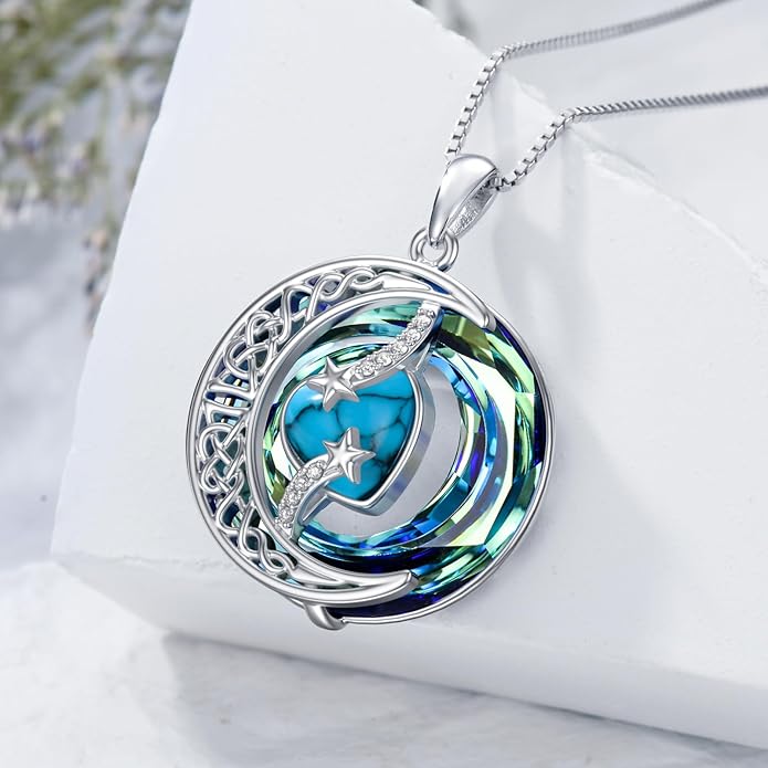 TOUPOP Christmas Gifts Birthstone Necklace 925 Sterling Silver Moon and Star Pendant with Blue Crystal Celtic Moon Jewelry Birthday Gifts for Women Mom Wife Her Daughter
