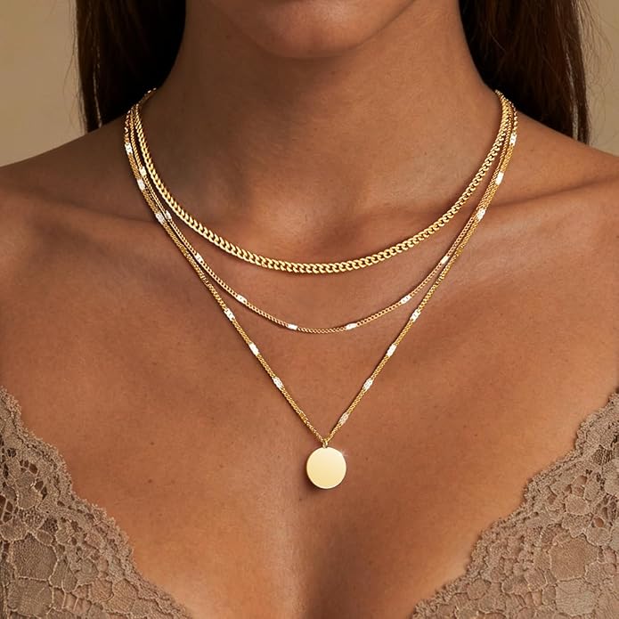 WomenGifts Layered Gold Necklaces for Women, 14K Gold Sterling Silver Plated Dainty Pendant Necklace Set with Cubic Zirconia Circle, Chunky Stackable Cuban Chain Choker, Trendy Personalized Birthstone Jewelry Gift Non Tarnish