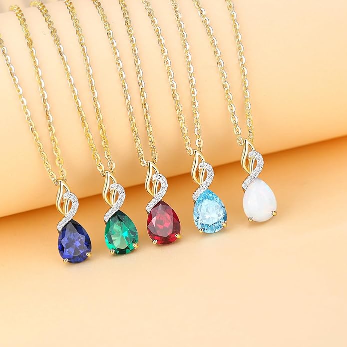 FANCIME 14K Solid Yellow Gold Teardrop Pendant with Diamond Birthstone Necklace Birthday Gifts for Mom Women, Sterling Silver Chain 16" + 2" Extender