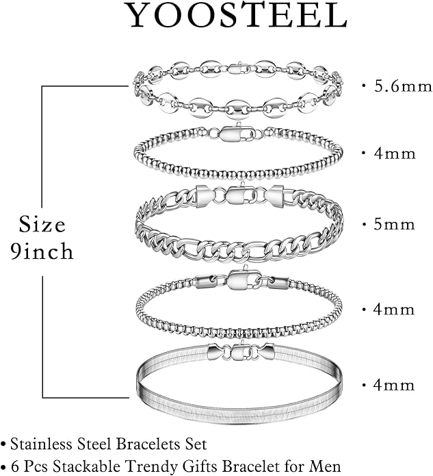 Yoosteel Mens Bracelets - Silver Chain Bracelet Stainless Steel Cuban Link Stack Bracelets Sturdy Rope Paperclip Chains Set 7.5/8.3/9 inches Trendy Jewelry for Men