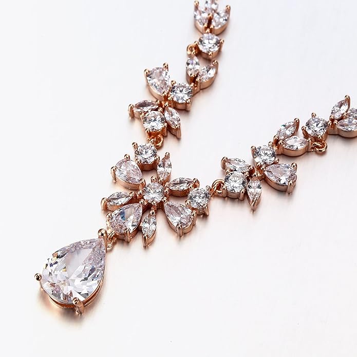 EleQueen Women's Wedding Bridal Jewelry Set for Brides Bridesmaids, Silver/14K Gold/Rose Gold Plated Cubic Zirconia Teardrop Necklace Dangle Earrings Bracelet Sets for Party Prom