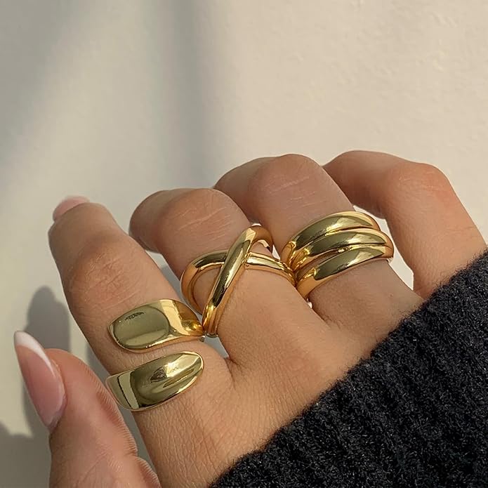 YEEZII Chunky Gold Rings for Women Non Tarnish, 18K Gold Plated Stackable Thumb Ring, Statement Women Rings Set