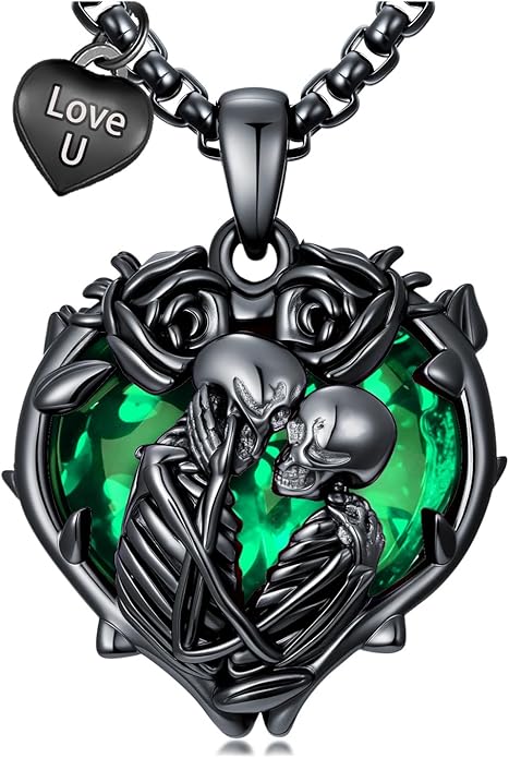 Flpruy 925 Sterling Silver Black Gothic Jewelry Gifts Skeleton Couple Pendant Crystal Birthstone Heart Necklace Punk Romantic Jewelry for Lover Men Women