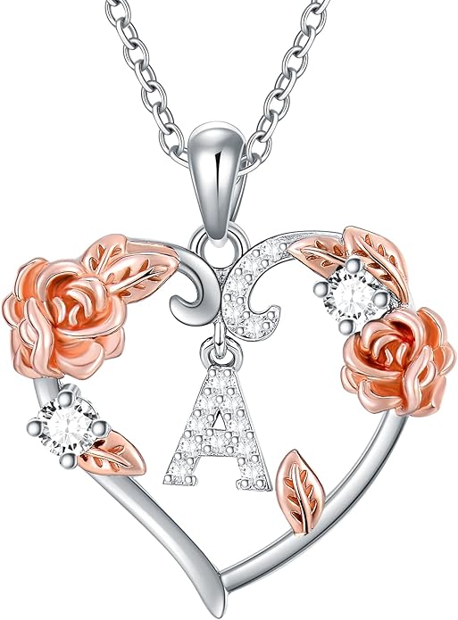 AOBOCO Rose Heart Necklaces Valentines Gifts for Women, 925 Sterling Silver Rose Love Heart Initial Letter Pendant Necklace Jewelry Mothers Day Christmas Birthday Gifts for Her Mom Wife Girlfriend