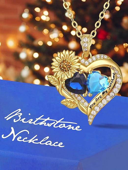 Sunflower Heart Necklace for Women 14K Gold Exquisite Anniversary Birthday Gifts for Wife Mother Her Double Birthstone Pendant jewelry‘You Are My Sunshine’