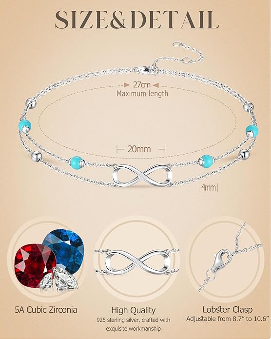 FANCIME Ankle Bracelets For Women, 925 Sterling Silver Infinity Layered Anklet Adjustable Turquoise Beaded Chain Beach Jewelry Gifts for Women