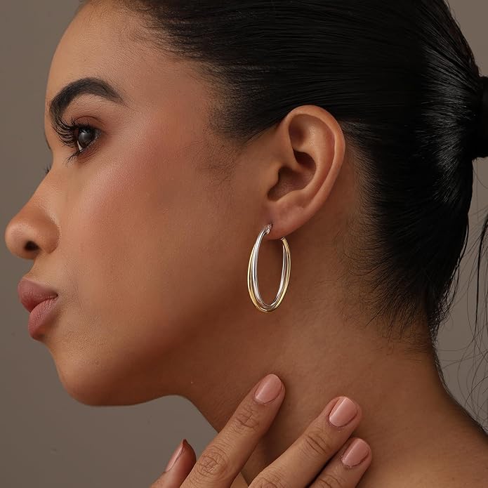 LeCalla 925 Sterling Silver Chunky Hoop Earrings | 14K Two-Tone Three-Tone Hoop Earrings | Intertwining Oval Shape Polished Twisted Hoop Earrings for Women